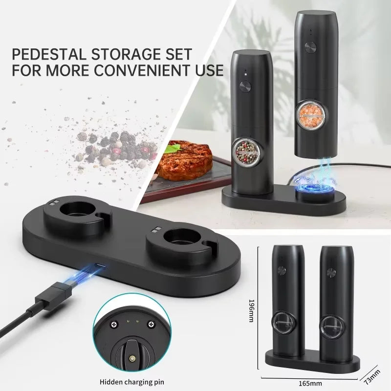 Rechargeable Electric Salt & Pepper Grinder Set with LED Light, Adjustable Coarseness, and Charging Base (2-Pack)