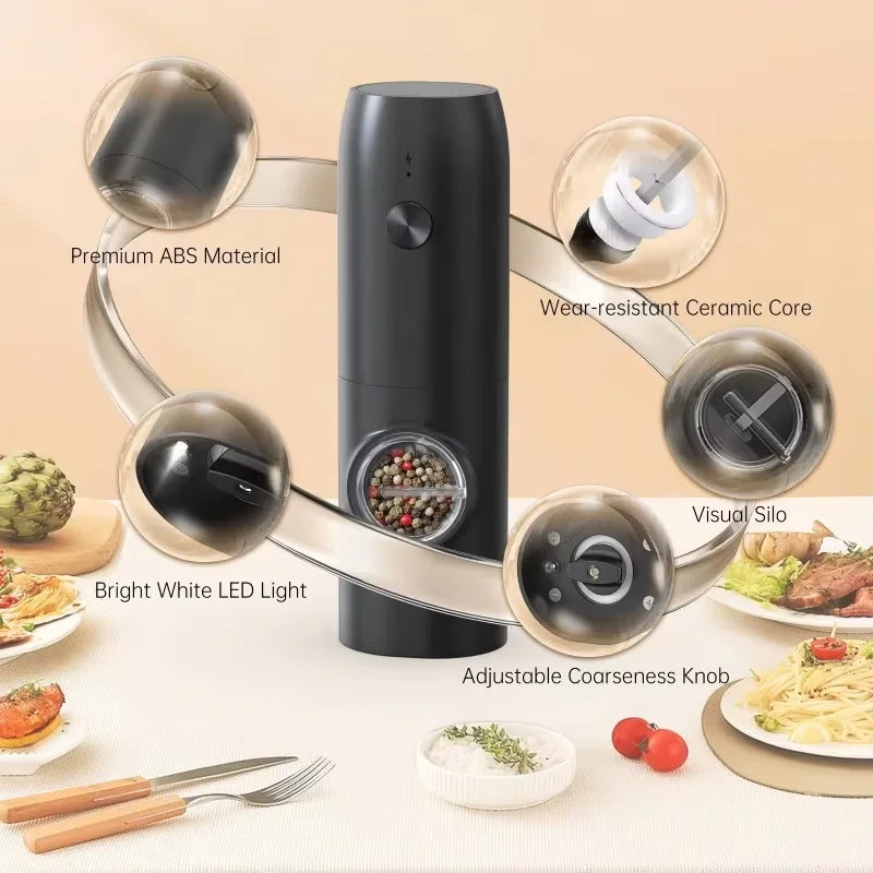 Rechargeable Electric Salt & Pepper Grinder Set with LED Light, Adjustable Coarseness, and Charging Base (2-Pack)