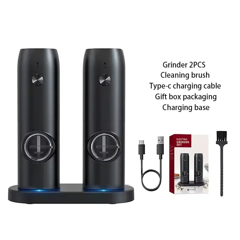 Rechargeable Electric Salt & Pepper Grinder Set with LED Light, Adjustable Coarseness, and Charging Base (2-Pack)