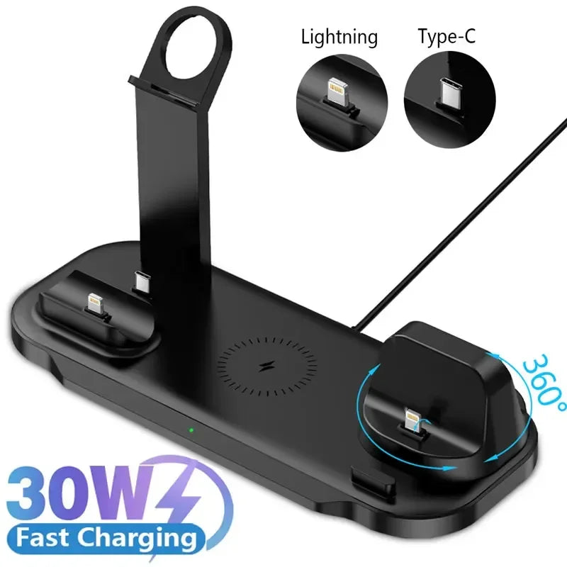 7-in-1 30W Wireless Charging Station – Fast Charger Stand for iPhone 15/14/13/12/11 Pro Max, Apple Watch Series 8–6, and AirPods Pro