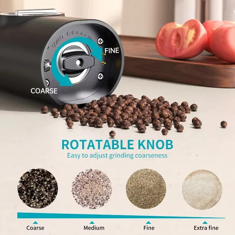 Rechargeable Electric Salt & Pepper Grinder Set with LED Light, Adjustable Coarseness, and Charging Base (2-Pack)