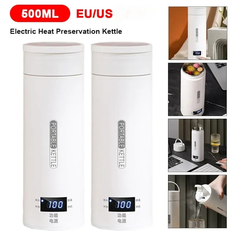500ML Portable Electric Kettle – Travel Water Boiler & Thermal Cup | Fast Boil, Keep Warm, Anti-Scald Design for Tea & Coffee