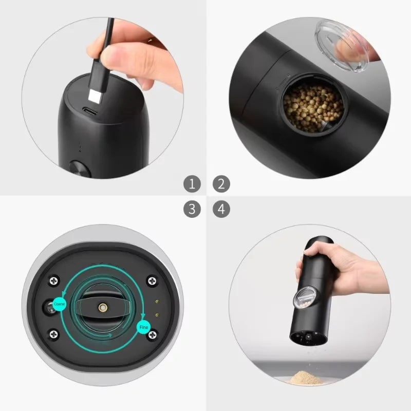 Rechargeable Electric Salt & Pepper Grinder Set with LED Light, Adjustable Coarseness, and Charging Base (2-Pack)