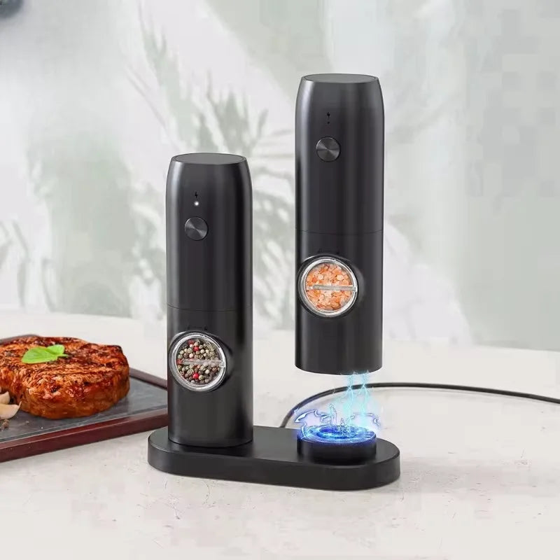 Rechargeable Electric Salt & Pepper Grinder Set with LED Light, Adjustable Coarseness, and Charging Base (2-Pack)
