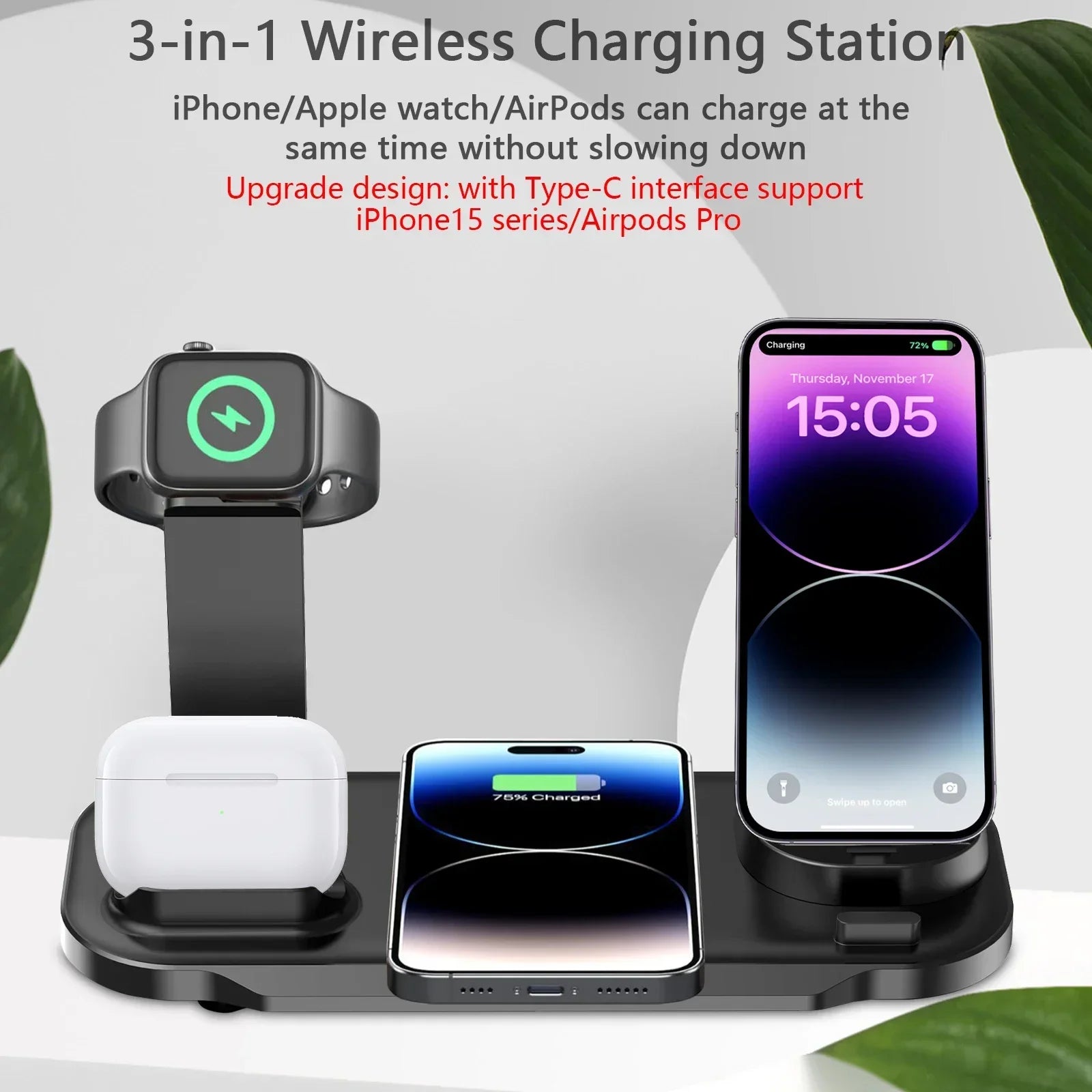 7-in-1 30W Wireless Charging Station – Fast Charger Stand for iPhone 15/14/13/12/11 Pro Max, Apple Watch Series 8–6, and AirPods Pro